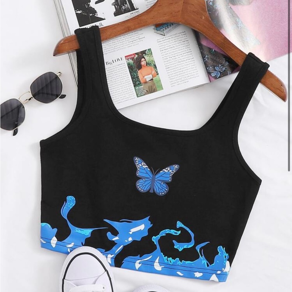 Black Crop Top with Blue Butterfly Design